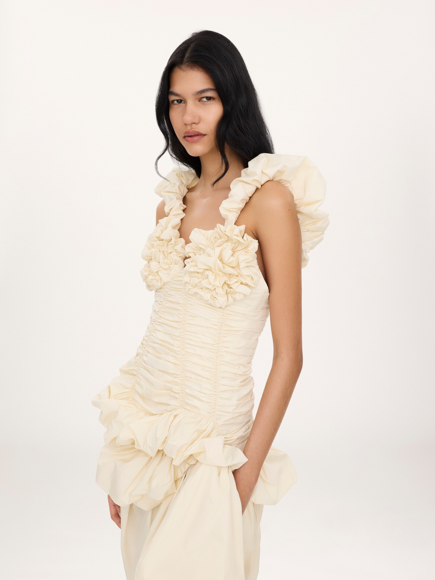 Vestido midi fruncido con cors&eacute; de popelina de algod&oacute;n - 5