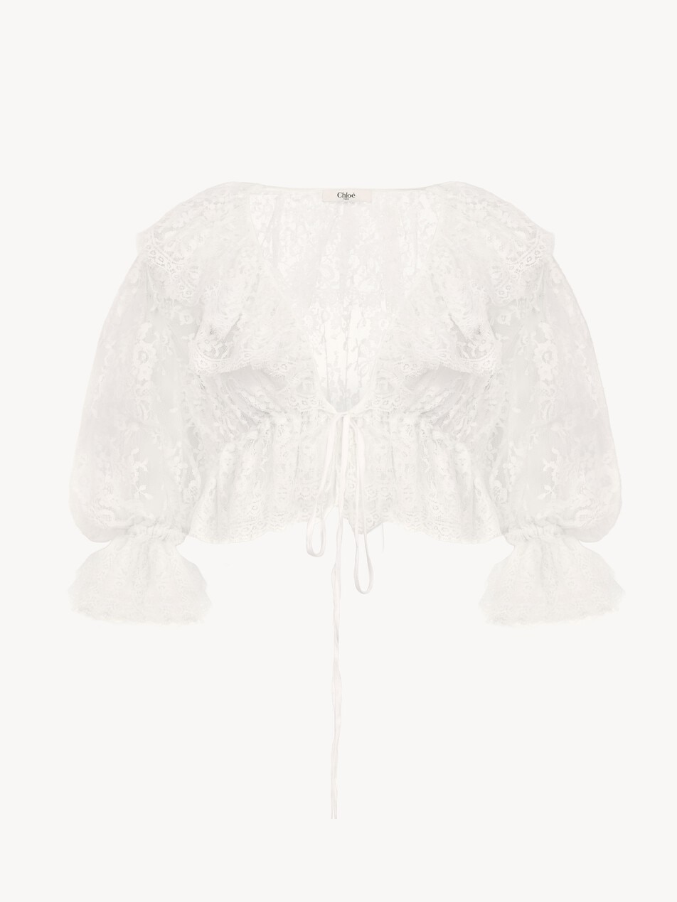 Cropped V-neck ruffle top in lace