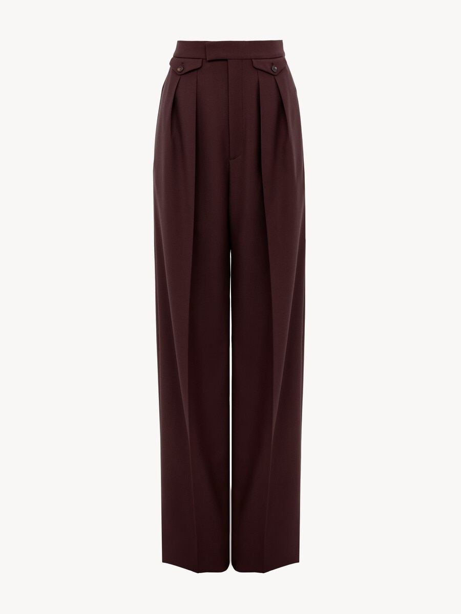 Pantalon taille haute fronc&eacute; en gabardine de laine - 2
