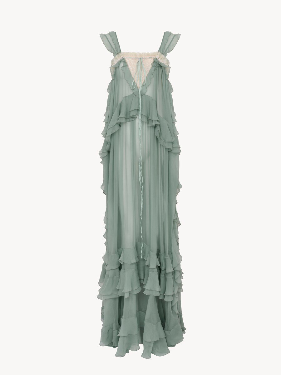 Sleeveless layered long dress in silk mousseline & lace - 2