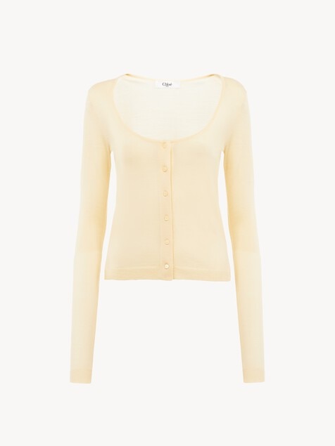 Scoop-neck fitted cardigan in superfine wool knit