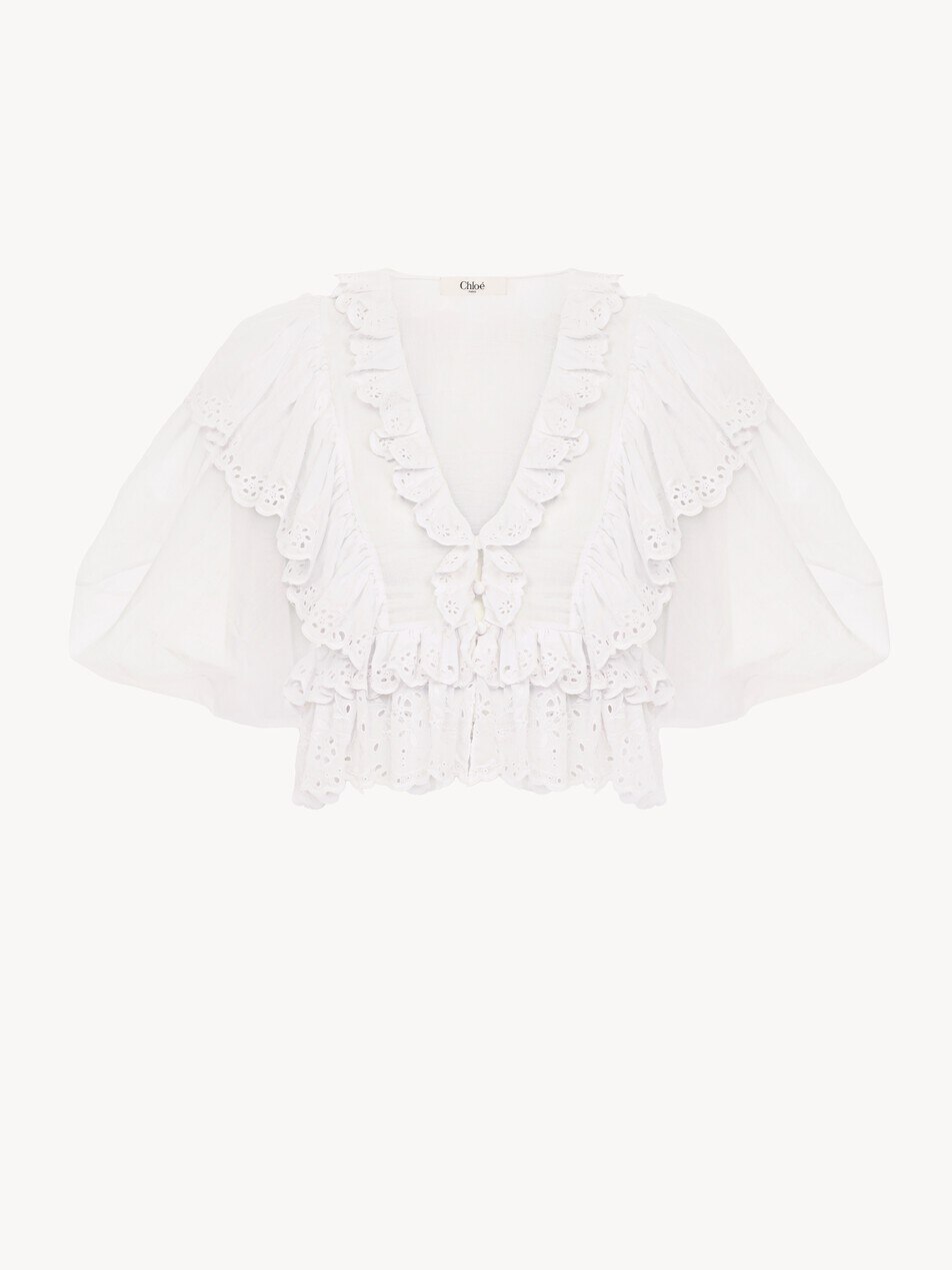 Cropped V-neck ruffle top in cotton voile - Packshot