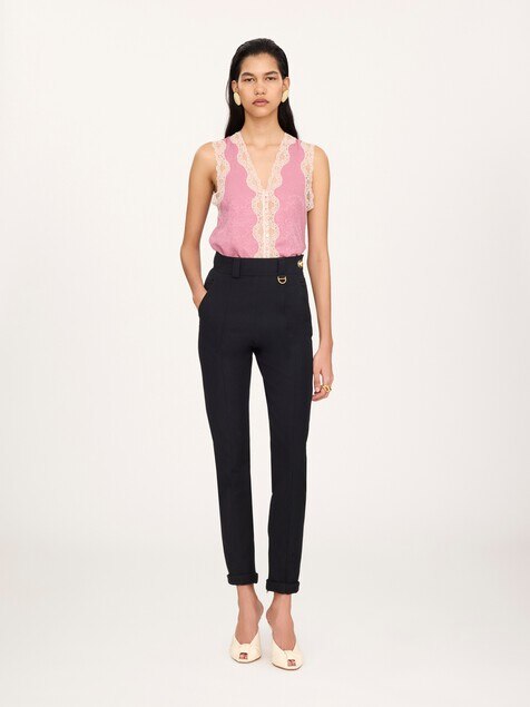 Sleeveless peplum top in silk jacquard & lace