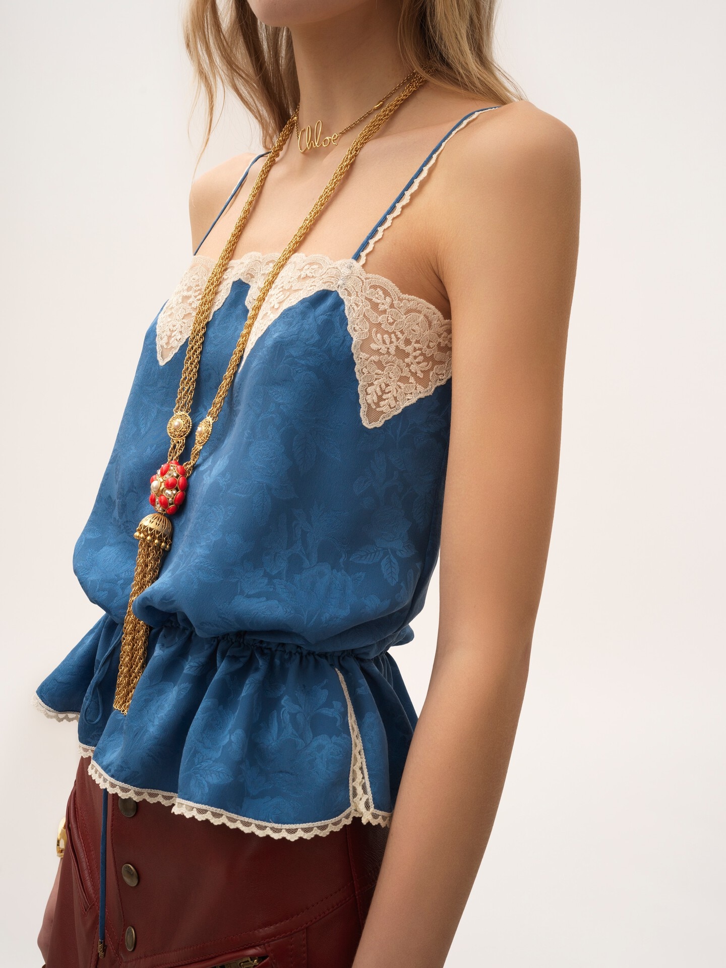 Top caraco &agrave; liens de serrage en soie jacquard et dentelle - 6