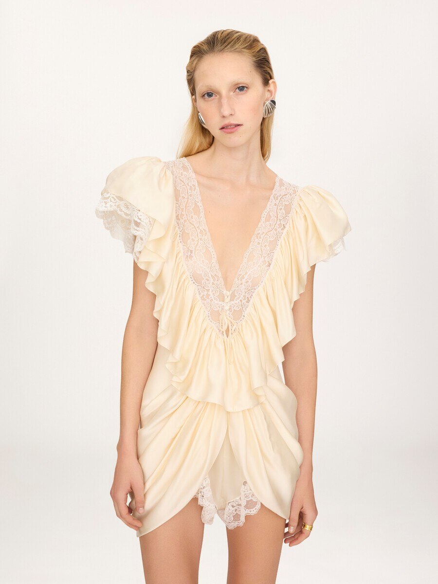 Kurzer Jumpsuit aus gewaschenem Seidensatin und Spitze mit V-Ausschnitt - 4