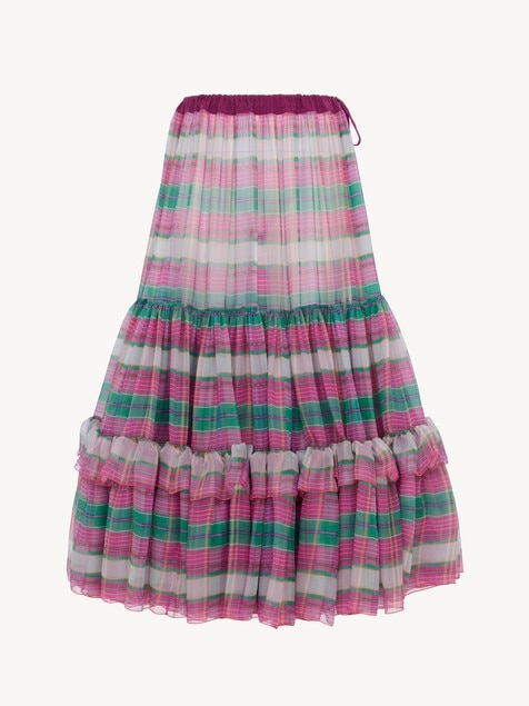 Ruffled long skirt in check silk mousseline