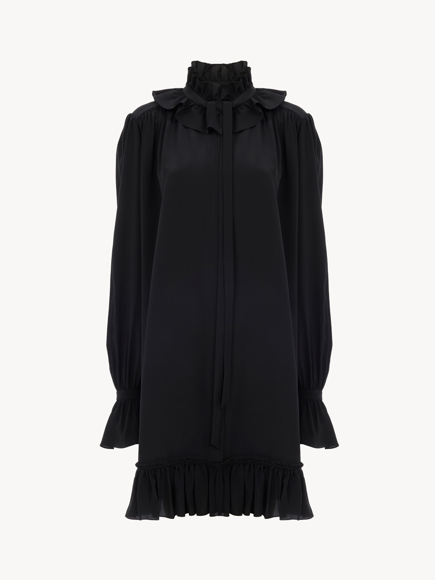 Long-sleeve mini dress in cr&ecirc;pe de chine - 2