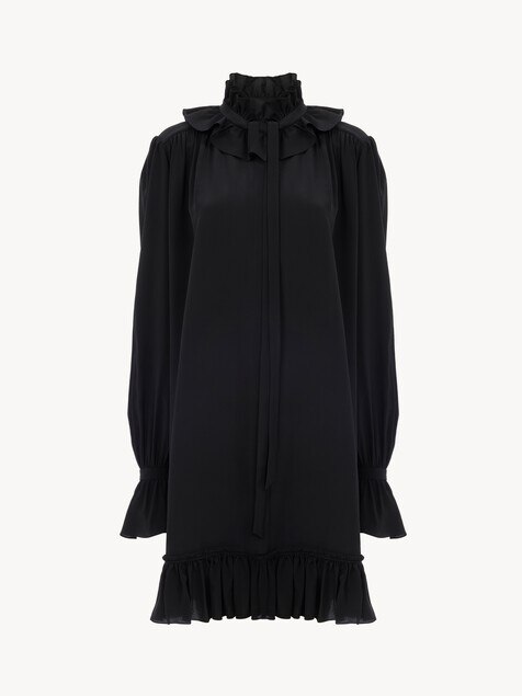Long-sleeve mini dress in cr&ecirc;pe de chine