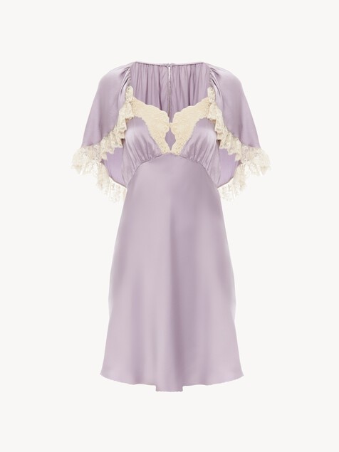 Mini cape dress in washed silk satin & lace