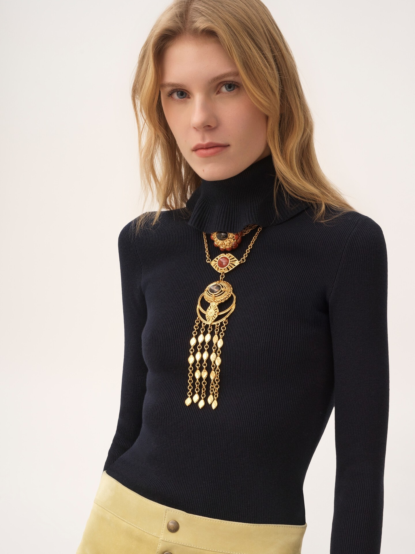 Fitted turtleneck sweater in a cotton wool knit Navy Chloé