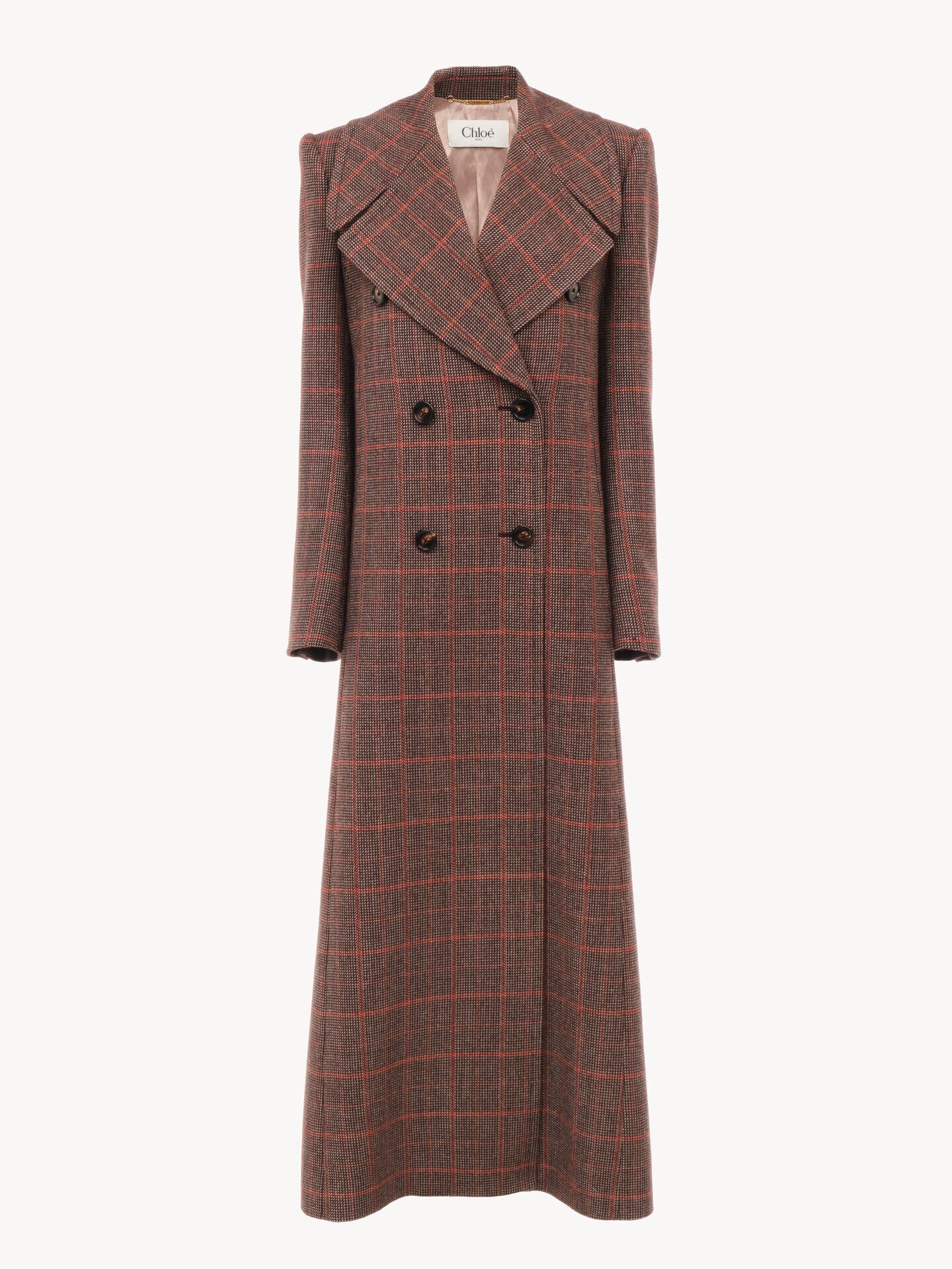Manteau long crois&eacute; en laine &agrave; carreaux - 1
