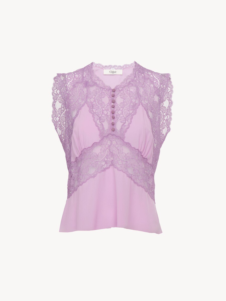 V-neck top in cr&ecirc;pe de chine & lace - 2