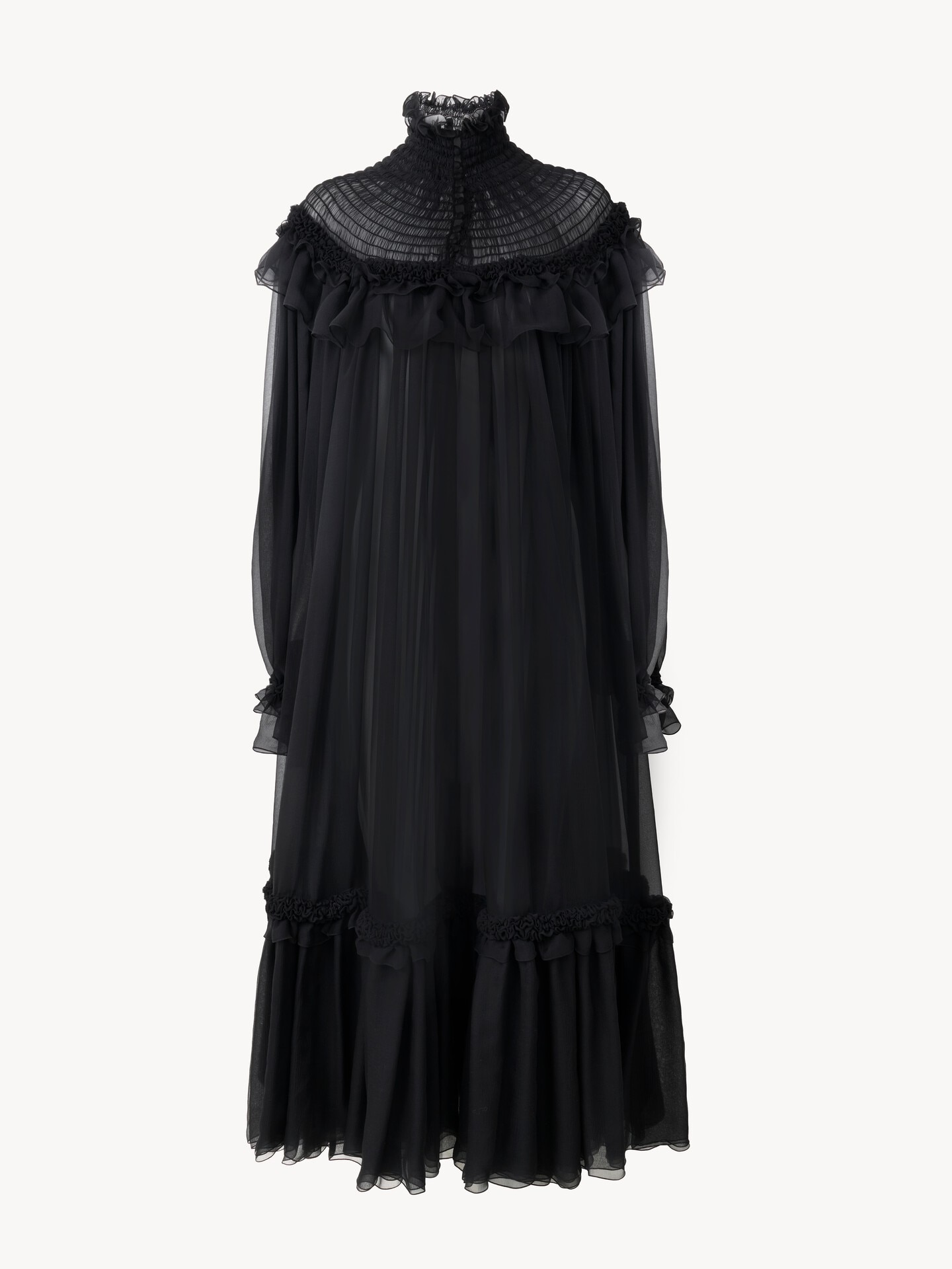 High-neck ruffled midi dress in silk mousseline - 2.0