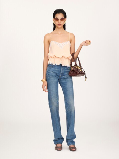 Camisole top in silk jacquard & lace