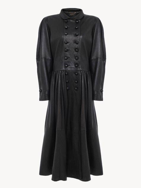 Oversized long riding coat in leather