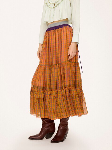 Ruffled long skirt in check silk mousseline
