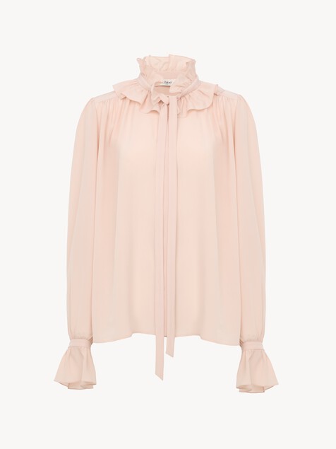 Tie-front ruffled blouse in cr&ecirc;pe de chine