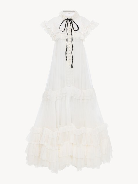 Tie-front ruffled long dress in silk mousseline & lace