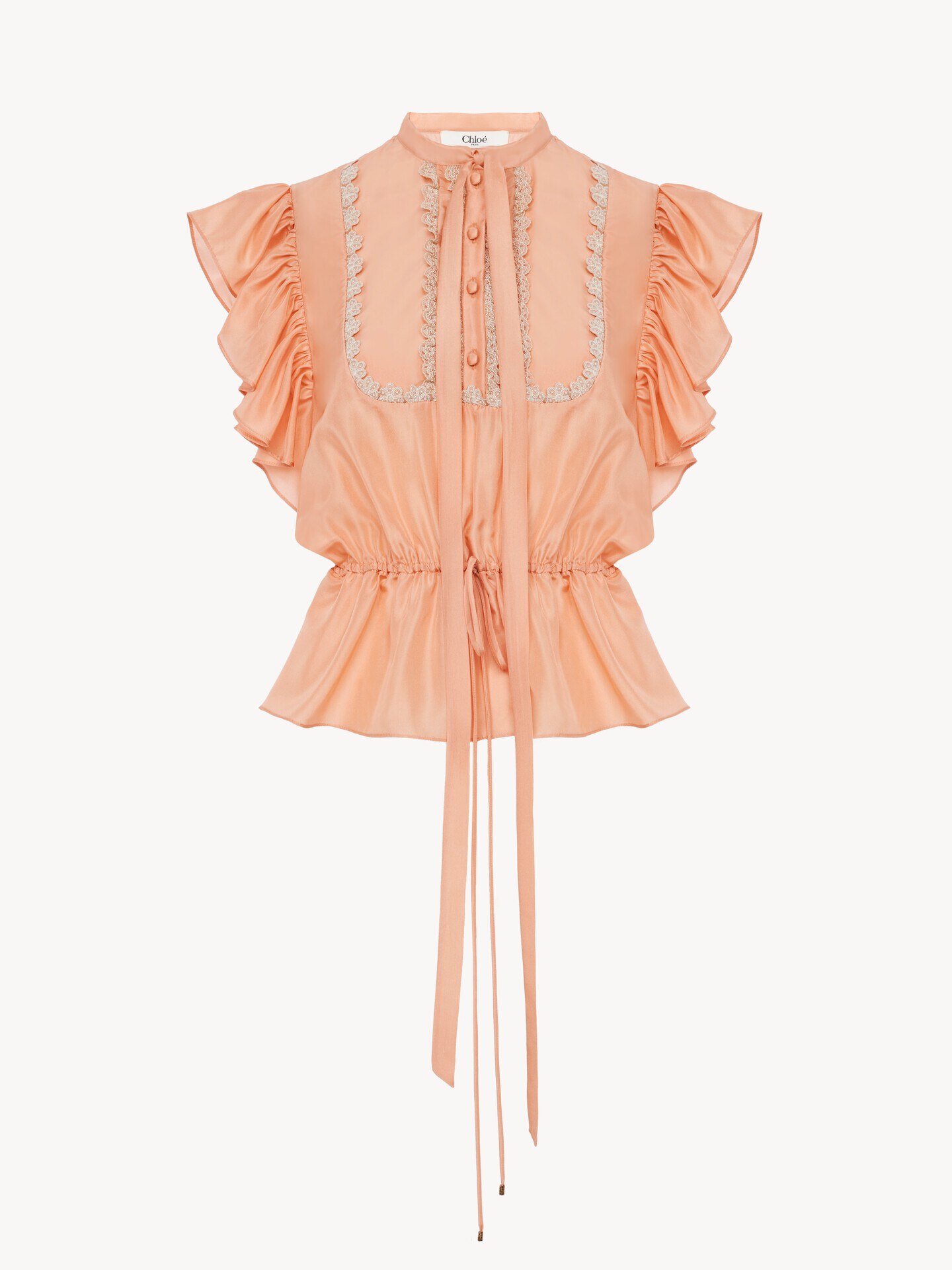 Short-sleeve ruffle top in washed silk habotai & lace - 2.0