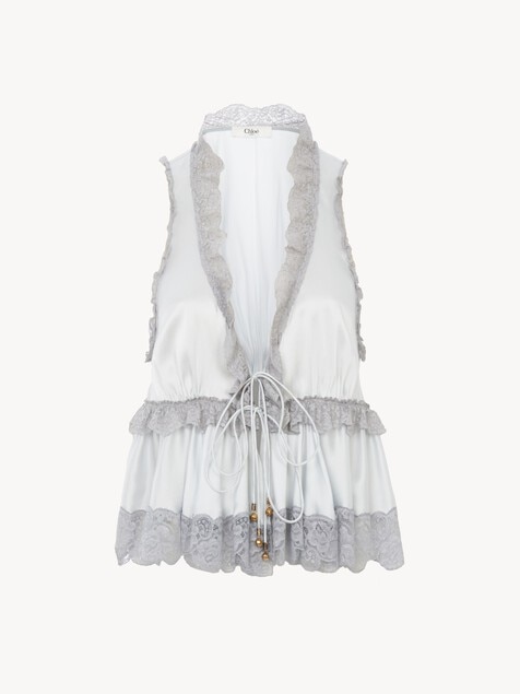 Tie-front sleeveless top in washed silk satin & lace