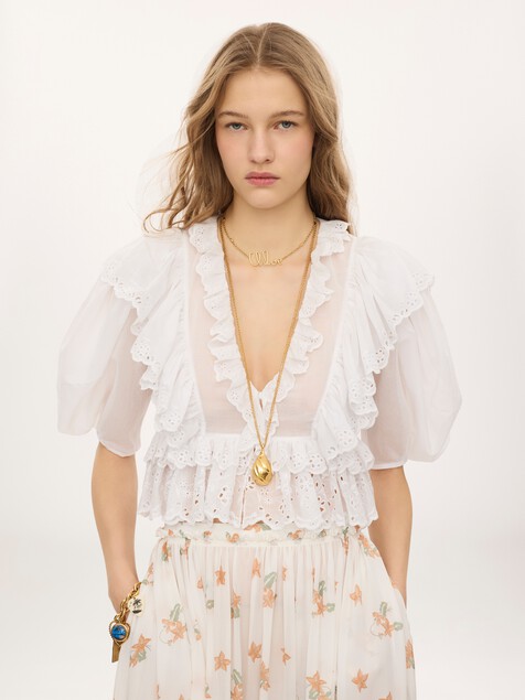 Cropped V-neck ruffle top in cotton voile