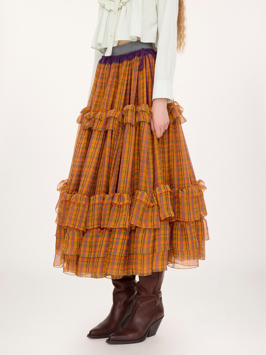 Ruffled long skirt in check silk mousseline - 4
