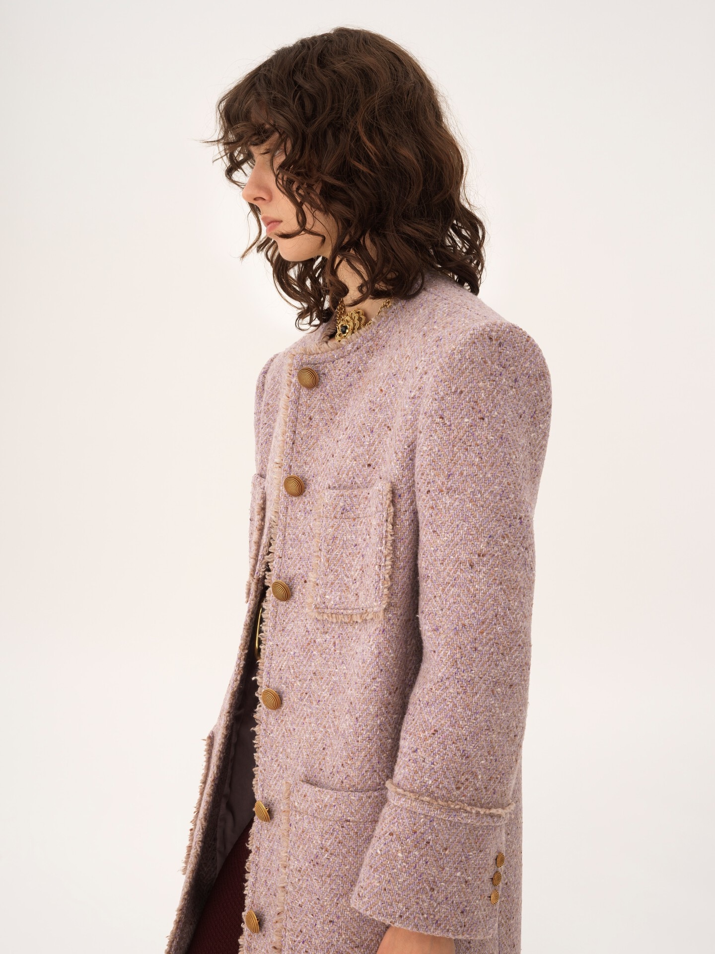 Single-breasted collarless coat in chin&eacute; wool tweed - 8