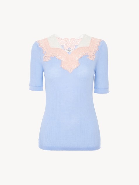 Elbow-sleeve fitted sweater in a wool knit & lace