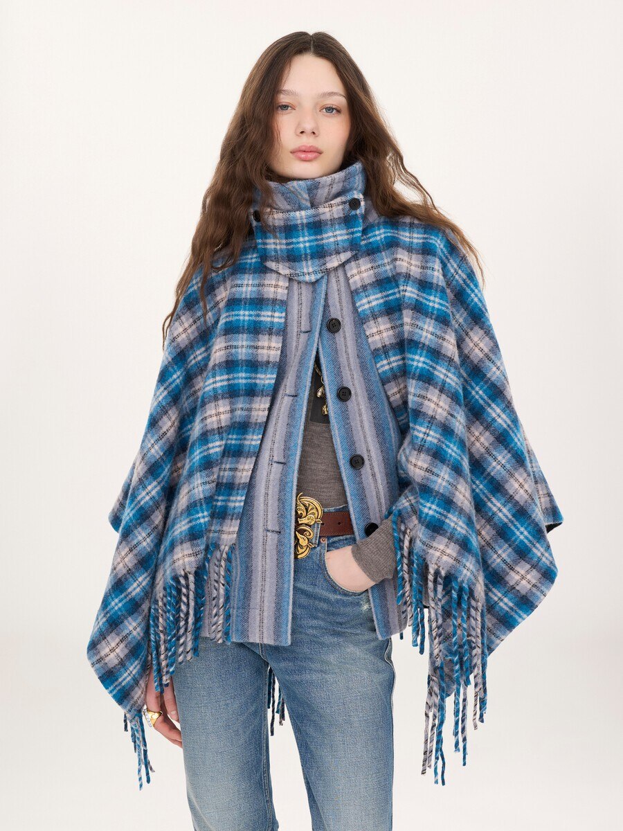 High-neck short cape coat in check wool & alpaca - 6