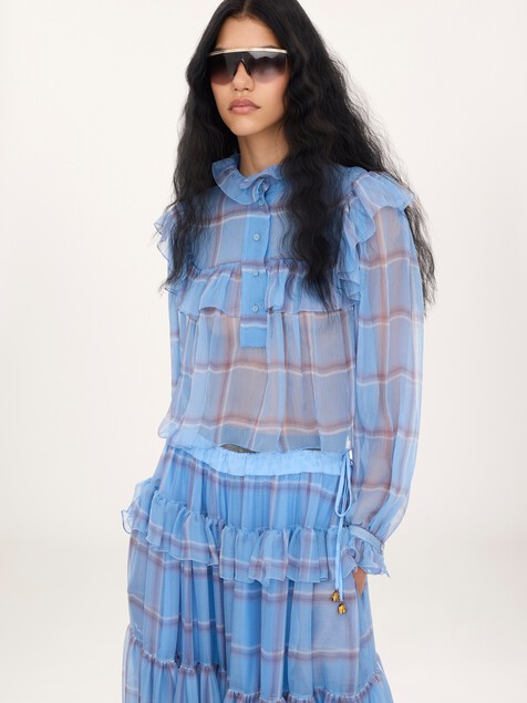 Ruffled top in check silk mousseline