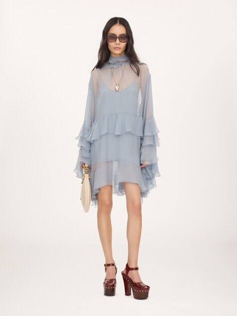 Ruffled mini dress in silk mousseline