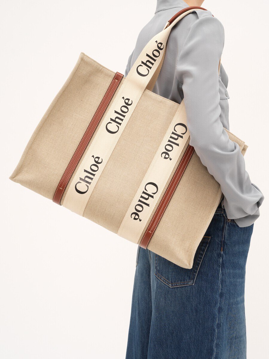 Large Woody tote bag in linen - 3