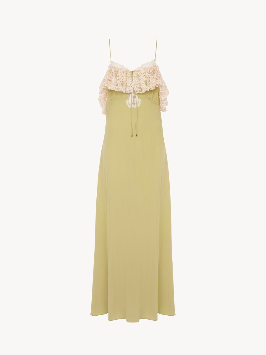 Thin-strap long dress in cr&ecirc;pe de chine & lace - 2