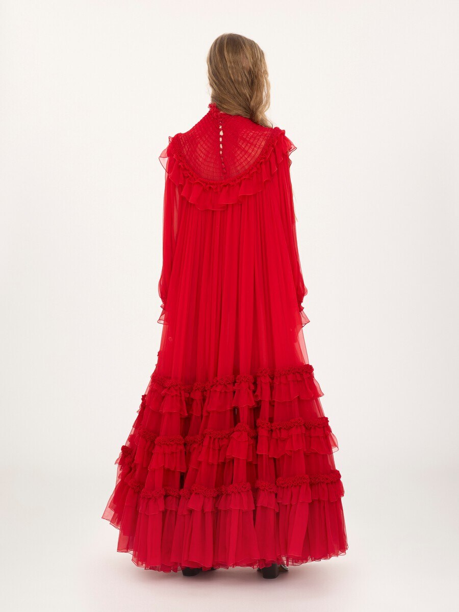 High-neck ruffled long dress in silk mousseline - 9