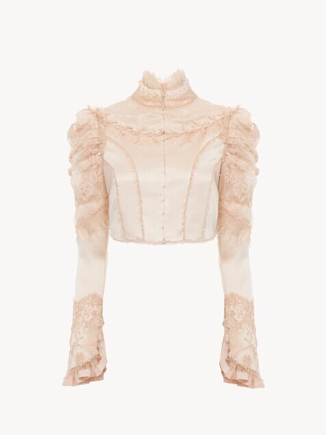 Chaqueta ajustada cropped de sat&eacute;n duquesa de seda y encaje