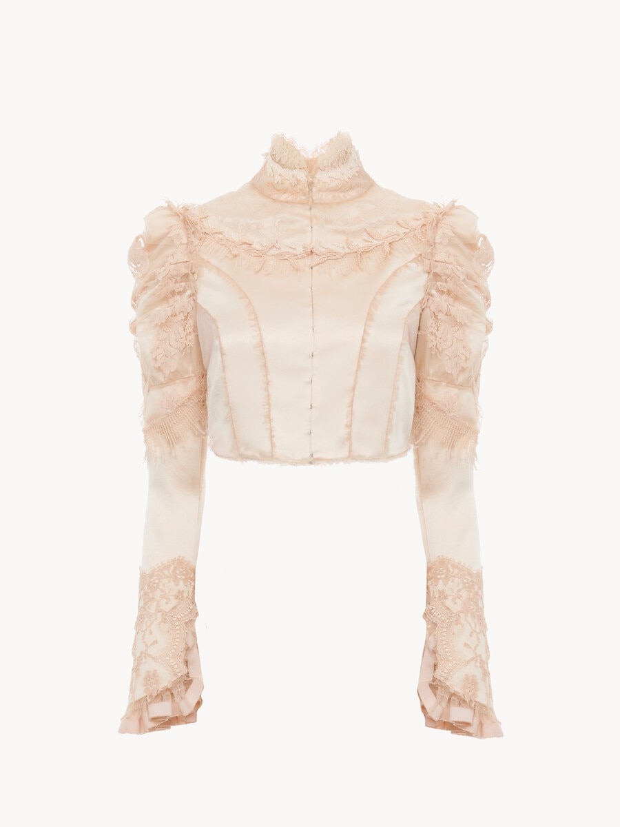 Cropped fitted jacket in silk duchess satin & lace - 1