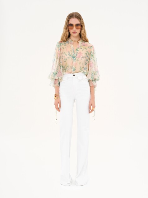 Puff-sleeve blouse in silk mousseline