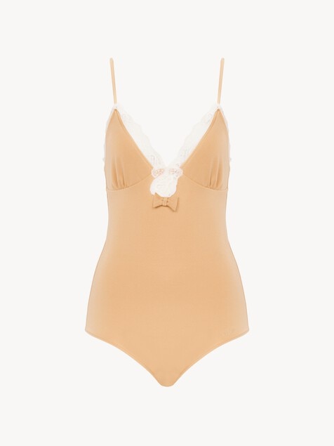 Ruched lace-trimmed bodysuit