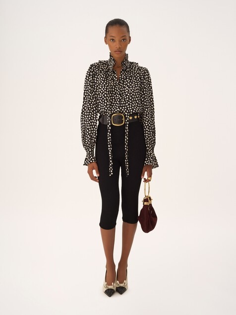 Tie-front ruffled blouse in silk jacquard