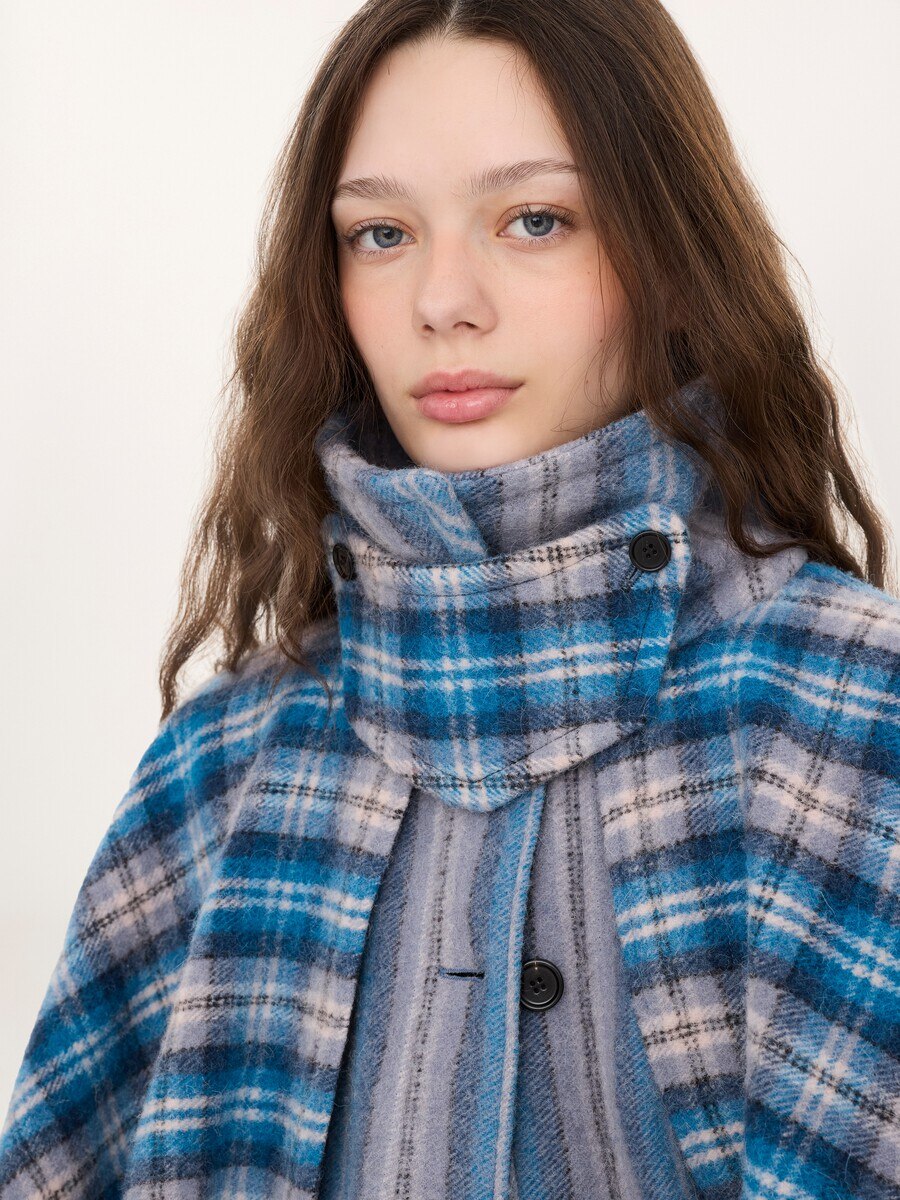 High-neck short cape coat in check wool & alpaca - 9