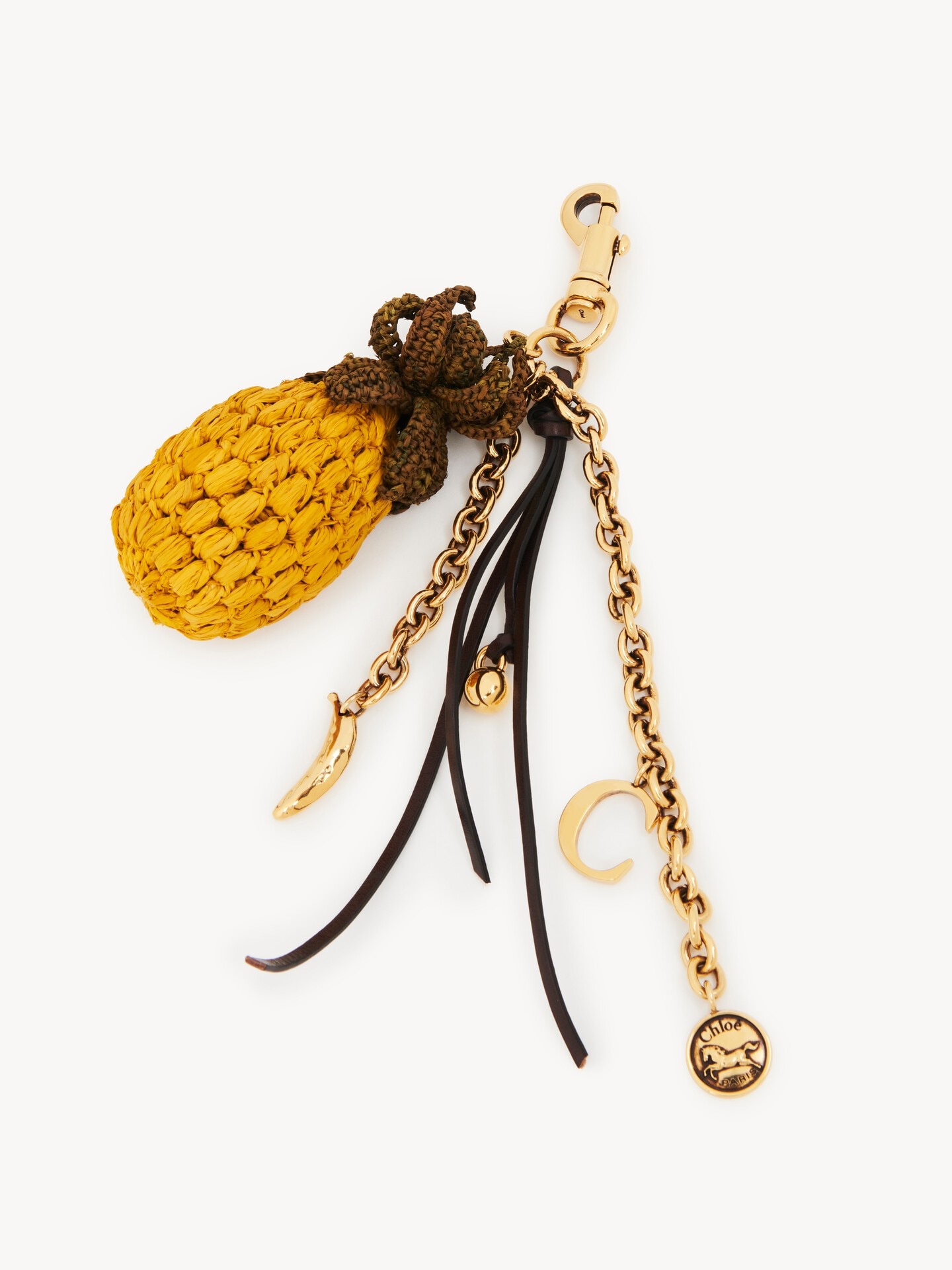 Pineapple bag charm in raffia, metal & leather - 1