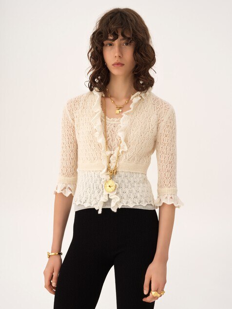 Cropped ruffle sweater in an alpaca wool & silk knit