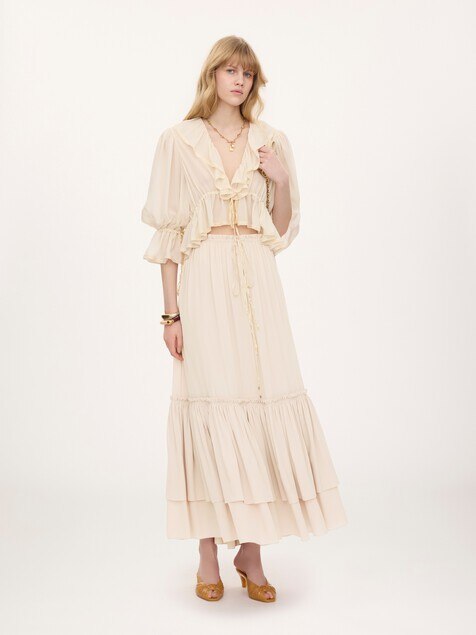 Long ruffled skirt in silk mousseline