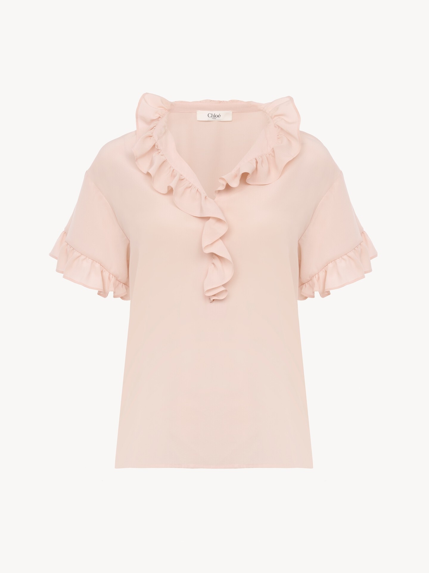 Short-sleeve ruffle top in cr&ecirc;pe de chine - 2