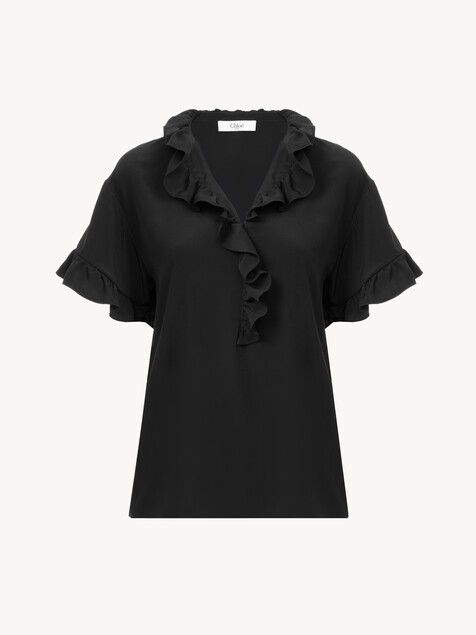 Short-sleeve ruffled top in cr&ecirc;pe de chine