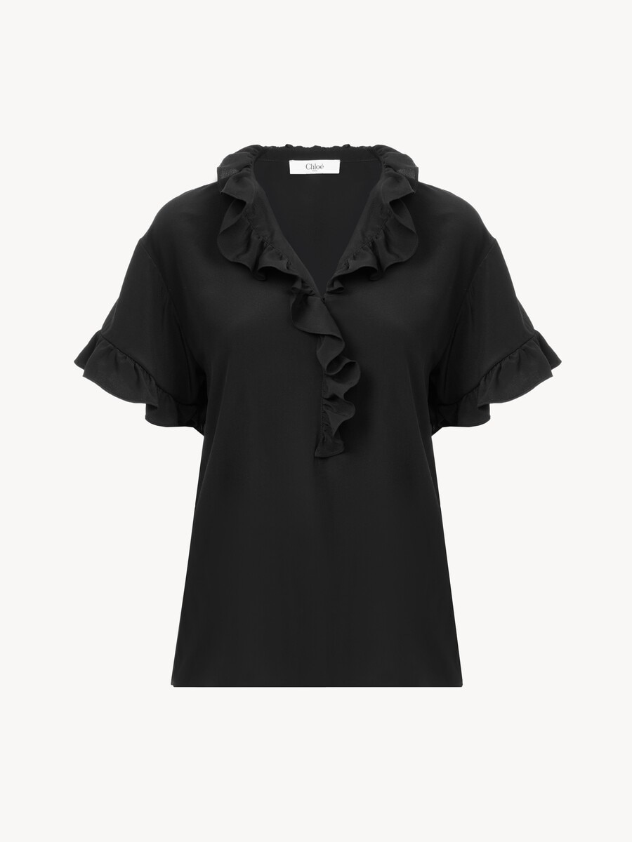 Short-sleeve ruffled top in cr&ecirc;pe de chine - 2