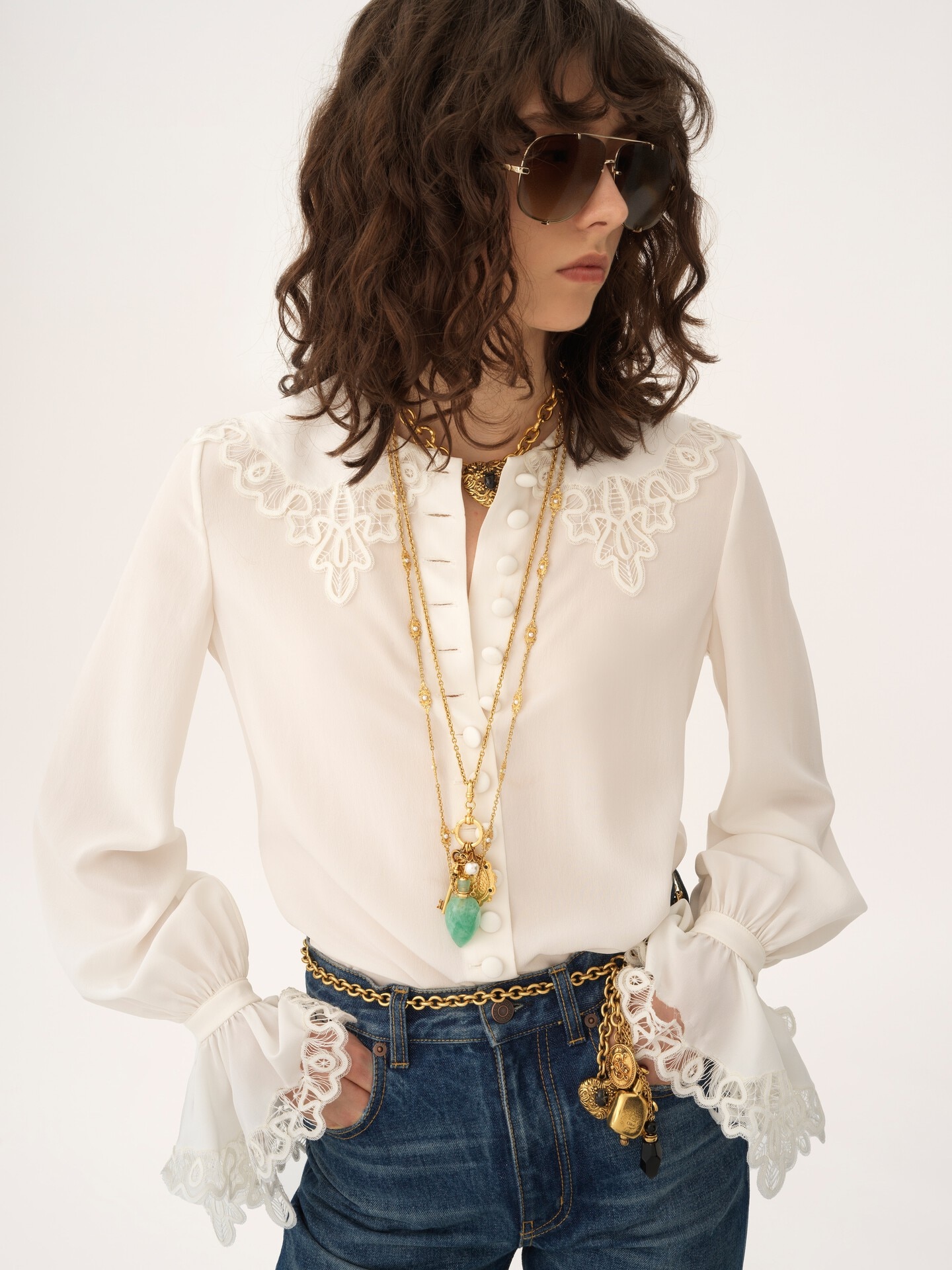 Fluid blouse in cr&ecirc;pe de chine & lace - 7