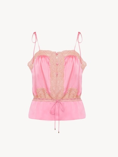 Drawstring camisole top in washed silk satin & lace - 2