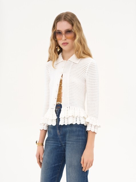 Fitted ruffled cardigan in crochet knit
