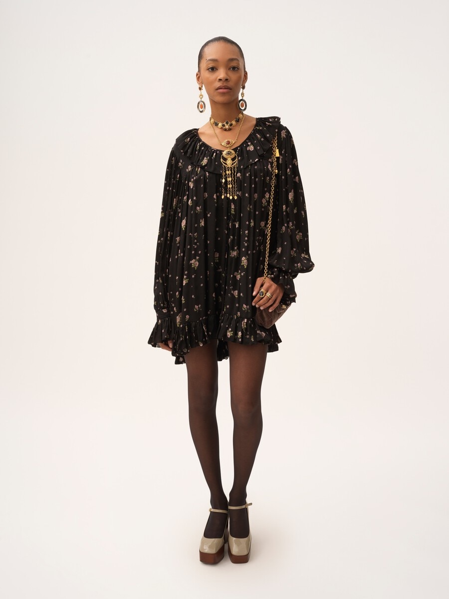 Mini robe manches longues fronc&eacute;e en charmeuse de soie - 3